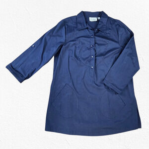 Y2K Navy Blue Half Button Roll Tab Sleeves Pockets Linea Tunic Blouse Size Large